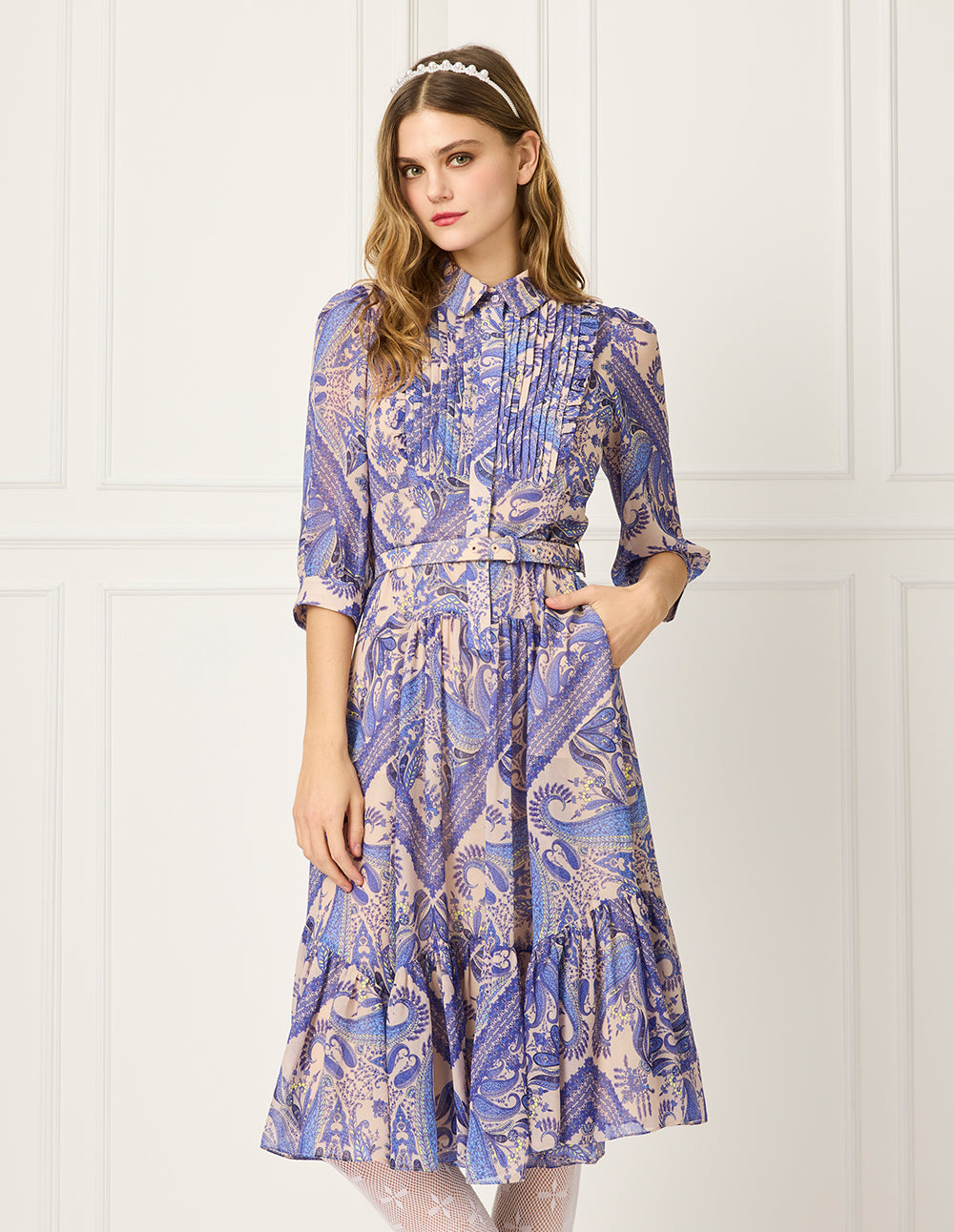 BORA AKSU Tuxedo-Shirt Collar Puff Sleeve Paisley Print Pleated Midi Shirt Dress