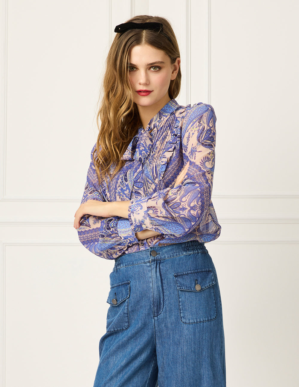 BORA AKSU Butterfly Tie Tuxedo Collar Paisley Print Long Sleeve Blouse