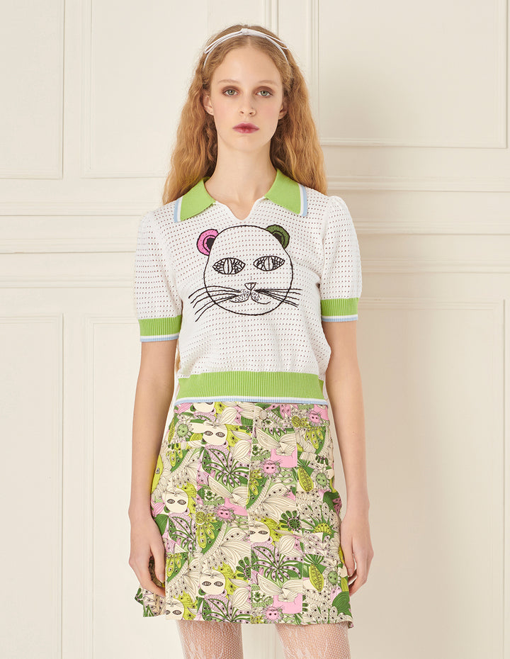 BORA AKSU Lapel Cutout Textured Cat Crochet Cropped Polo