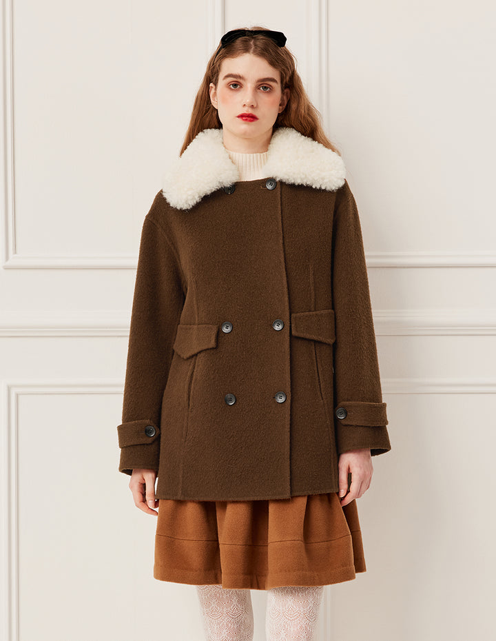 BORA AKSU Faux Fur Collar Double-Breasted Mocha Brown Wool Coat