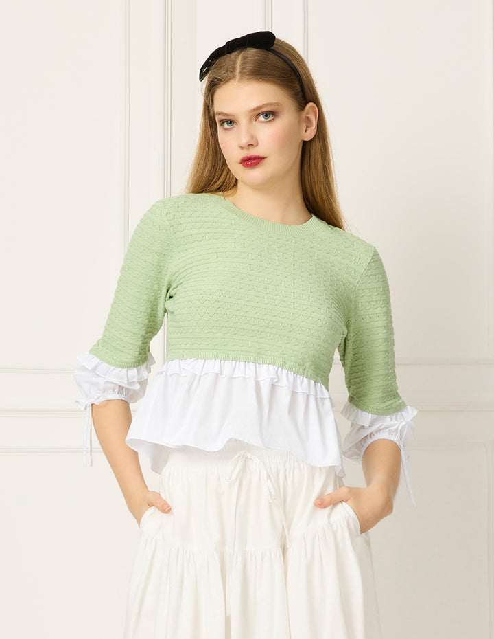 BORA AKSU Round-Neck Puff-Sleeve Ruffle Trimmed Patchwork Knit Top