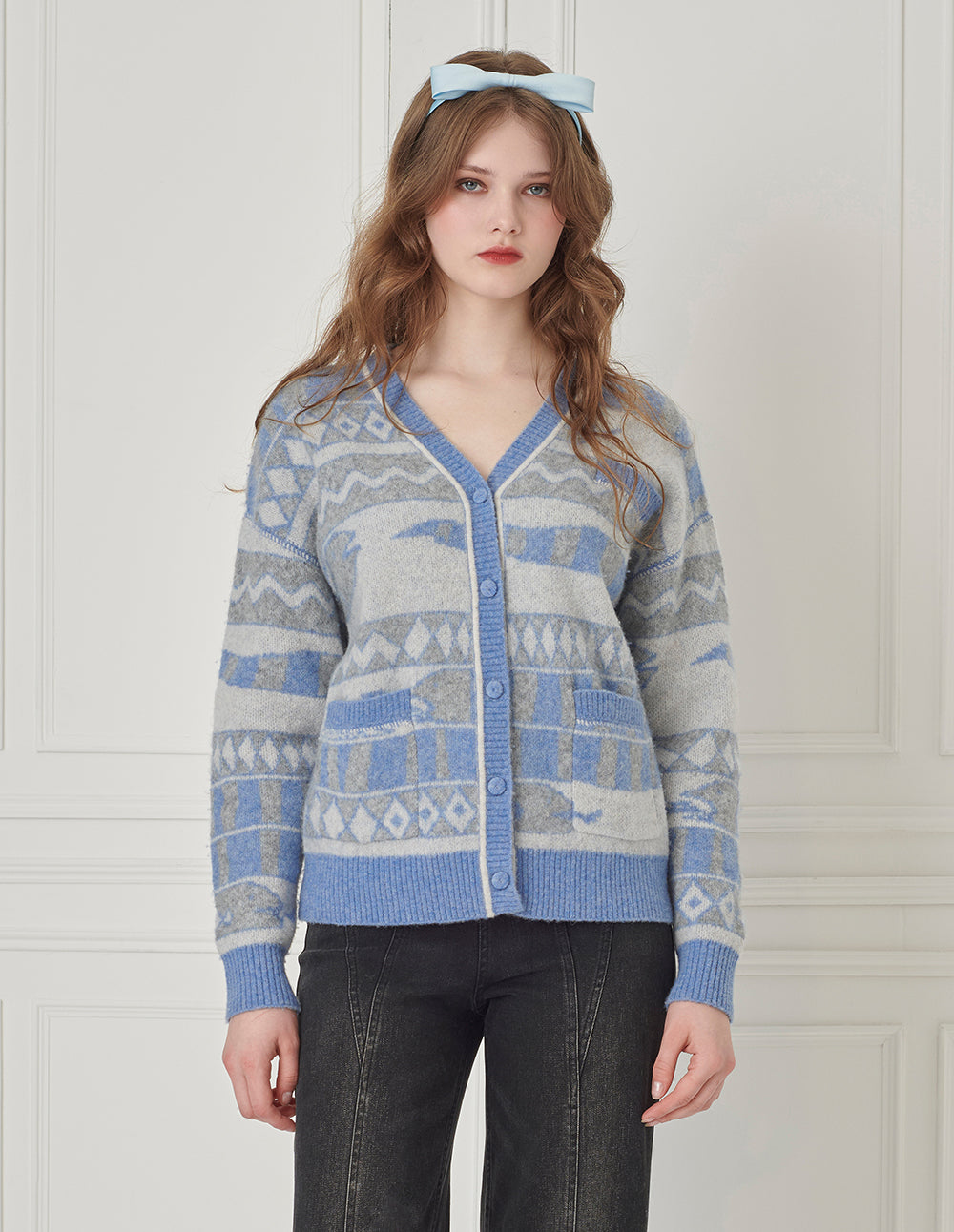 BORA AKSU V-Neck Dropped-Shoulder Long-Sleeve Striped Mid-Length Loose Knitted Cardigan