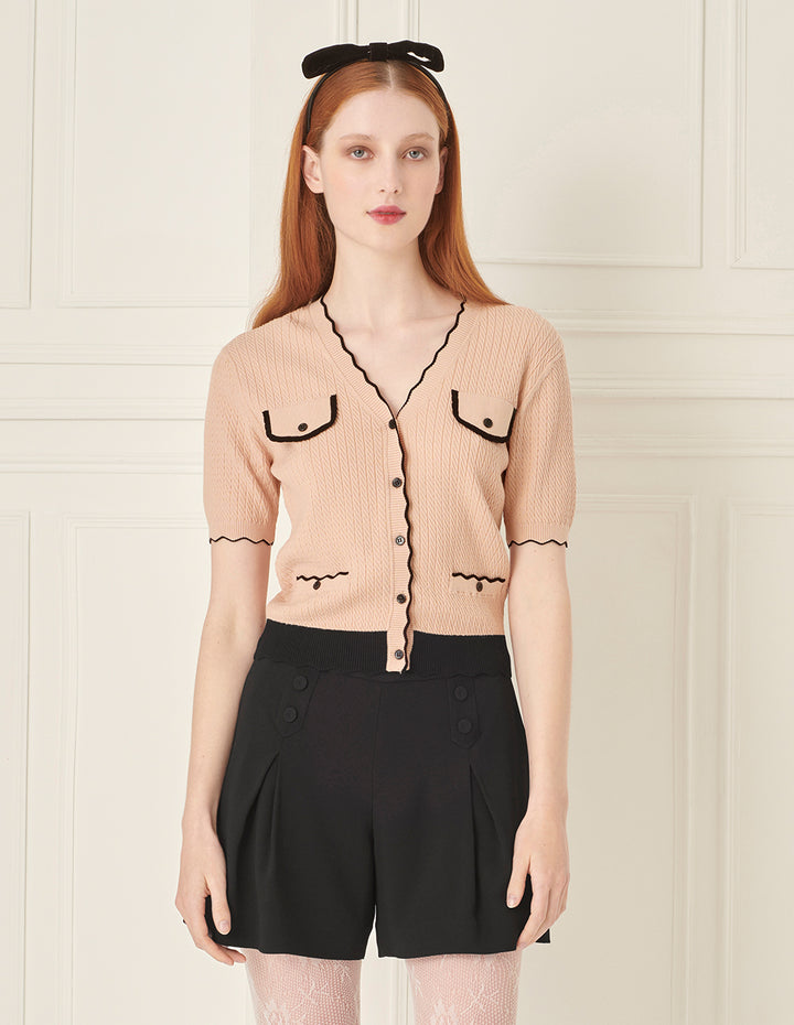 BORA AKSU Contrast Colour V-Neck Textured Yarn Knitted Cardigan