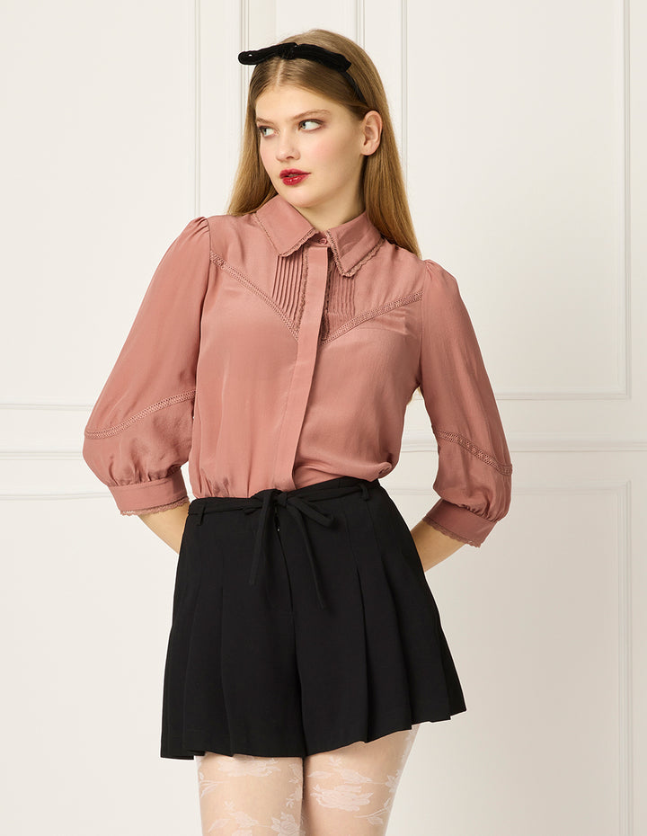 BORA AKSU Turn-Down Collar Long Sleeve Lace Trim Silk Blouse