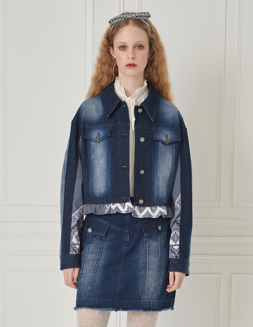 BORA AKSU Printed Patchwork Distressed Denim Washed Jacket