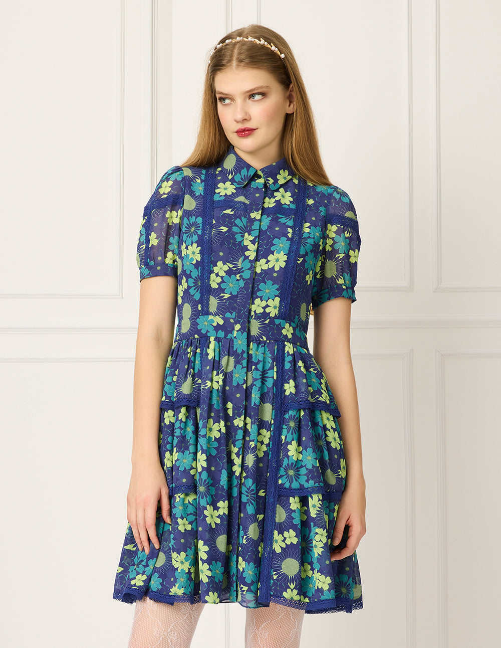 BORA AKSU Lapel Puff Short-Sleeve Floral Print Lace-Trim Pleated Midi Dress