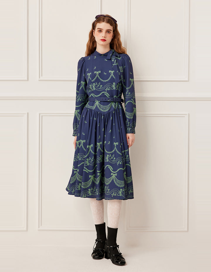 BORA AKSU Mandarin Collar Tie-Down Side Button Floral Print Puff Sleeve Pleated Midi Dress