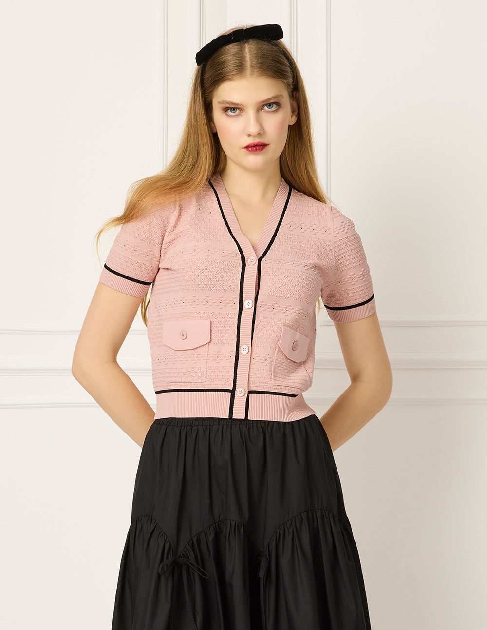 BORA AKSU V-Neck Short-Sleeve Black Trimmed Knit Cardigan