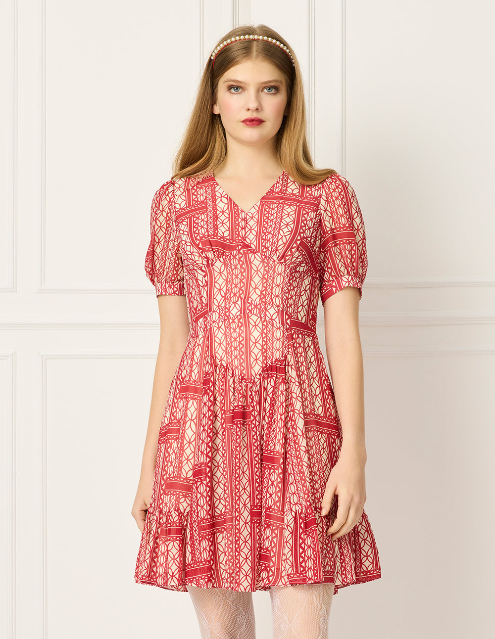 BORA AKSU V-Neck Puff Short Sleeve Geometric Print Pleated Midi Dress