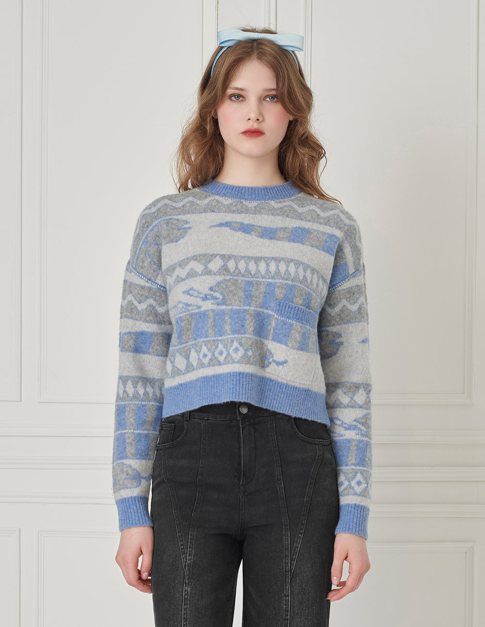 BORA AKSU Crew-Neck Drop-Sleeve Long-Sleeve Striped Loose Cropped Knitted Pullover