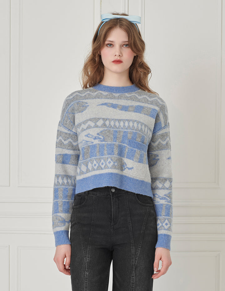 BORA AKSU Crew-Neck Drop-Sleeve Long-Sleeve Striped Loose Cropped Knitted Pullover