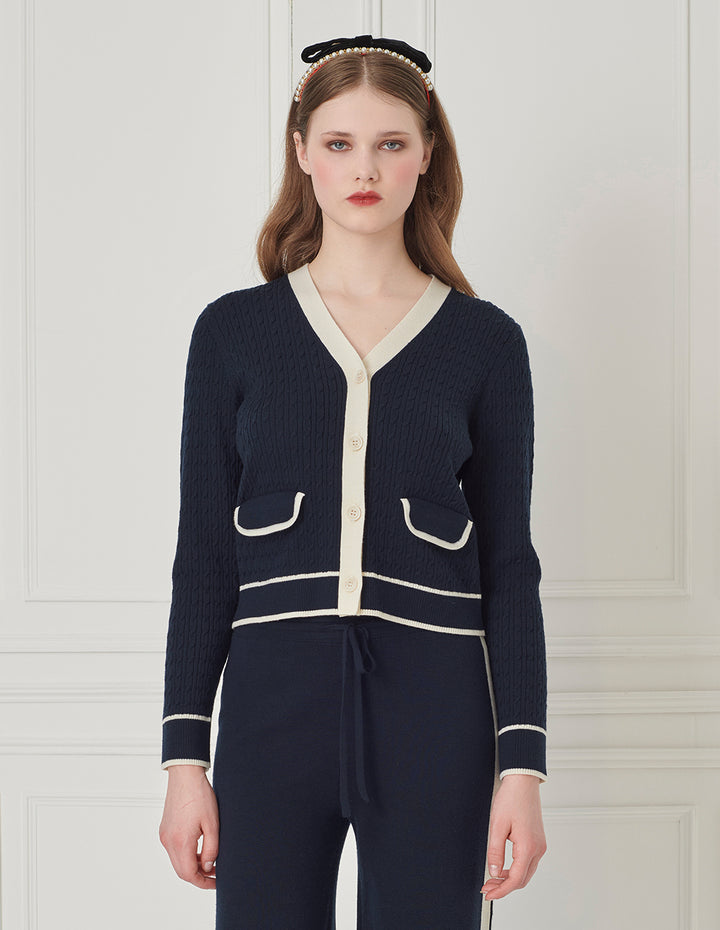 BORA AKSU V-Neck Long-Sleeve Contrasted-Color Button Weave Cropped Wool Cardigan