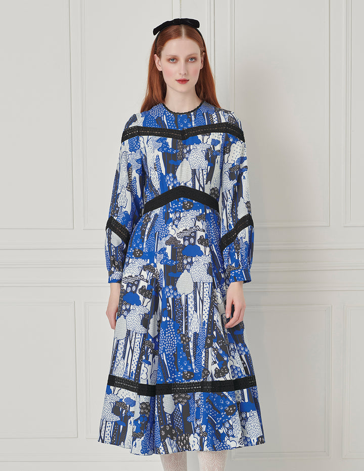 BORA AKSU Ruffle Crew-Neck Printed Long-Sleeve Pleated Midi Dress