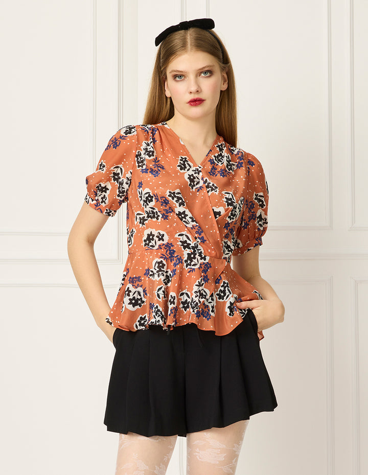 BORA AKSU V-Neck Short Sleeve Floral Print Wrap Top