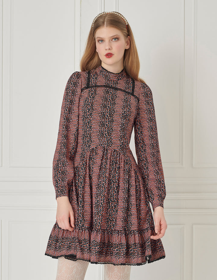 BORA AKSU Puff sleeves stand collar printed flare dress