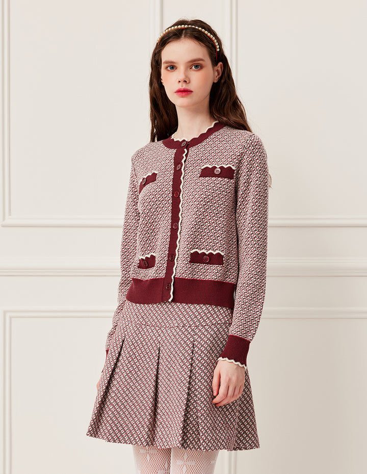 BORA AKSU Round Neck Ruffled-Trim Geometric Print Full Wool Knit Cardigan