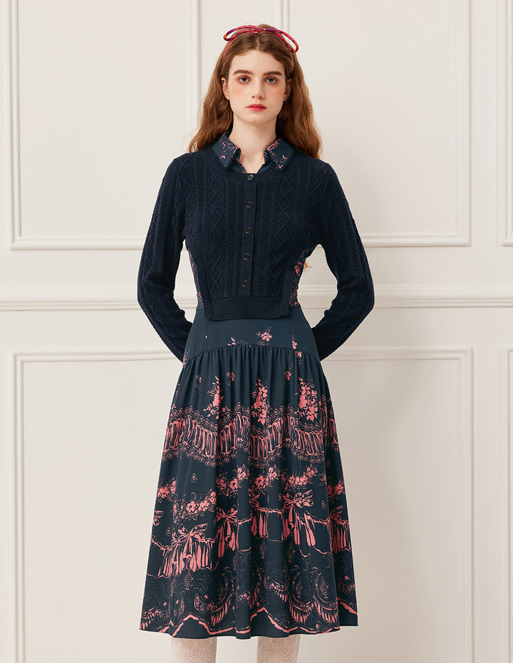 BORA AKSU Notched Collar Wool Knit Patchwork Printed Midi Dress