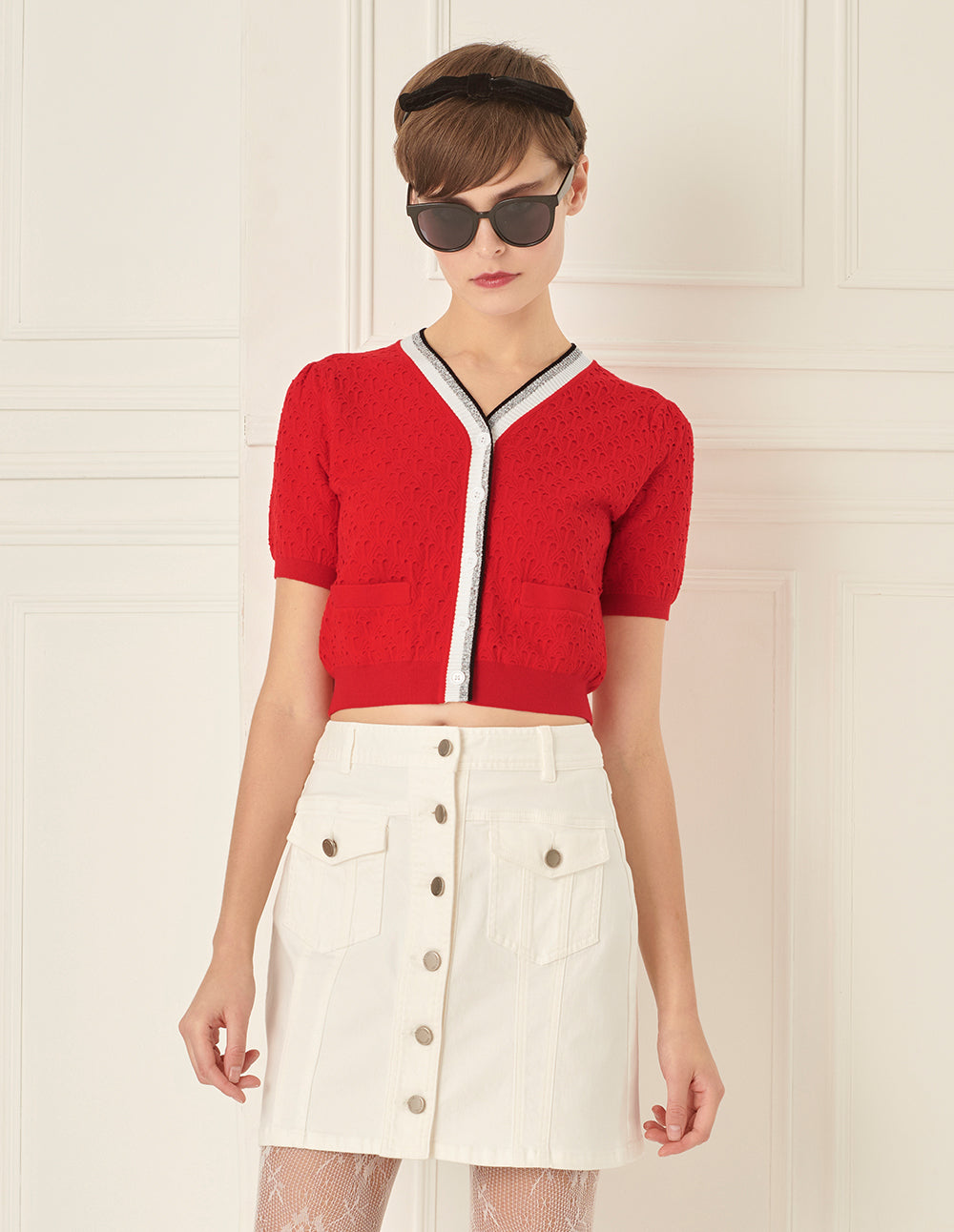 BORA AKSU V-Neck Short-Sleeved Knitted Cardigan