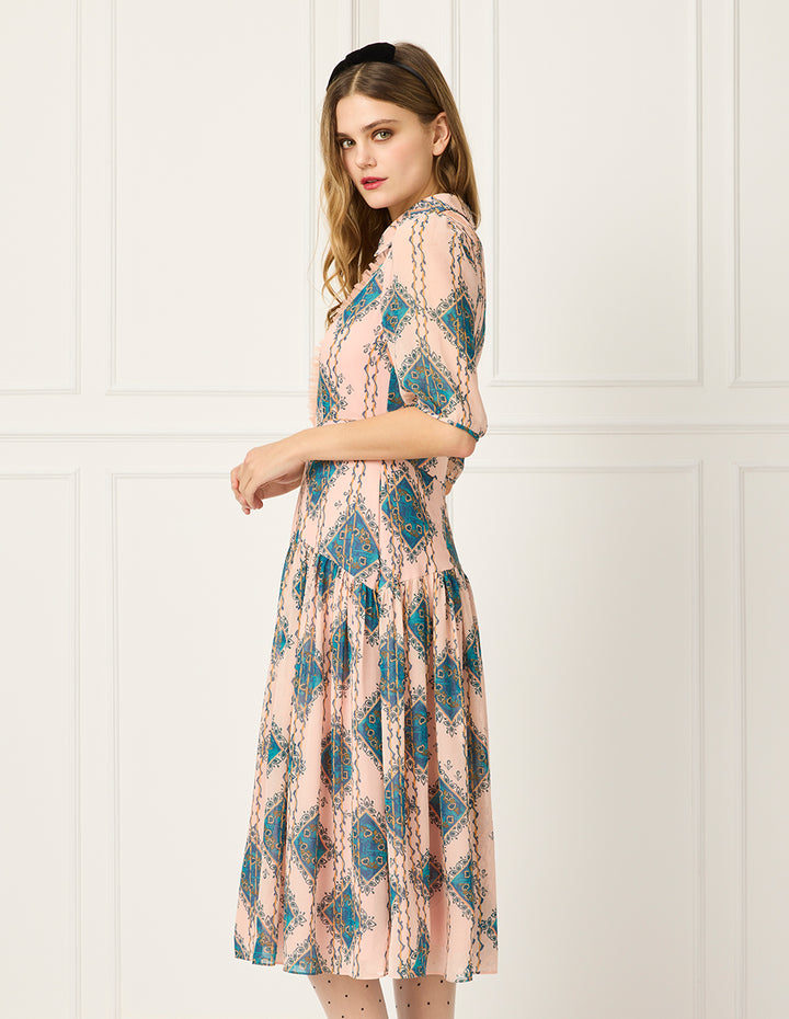 BORA AKSU Lapel Puff Short Sleeve Empire-Waist Geometric Print Pleated Midi Dress