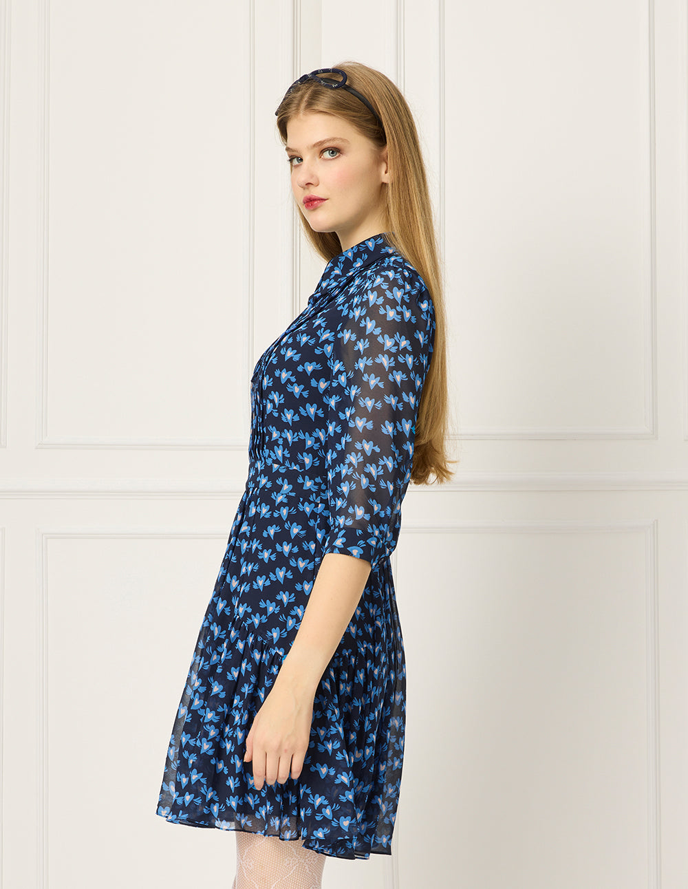 BORA AKSU Lapel Long-Sleeve Pin Tuck Heart Printed Pleated Midi Shirt Dress