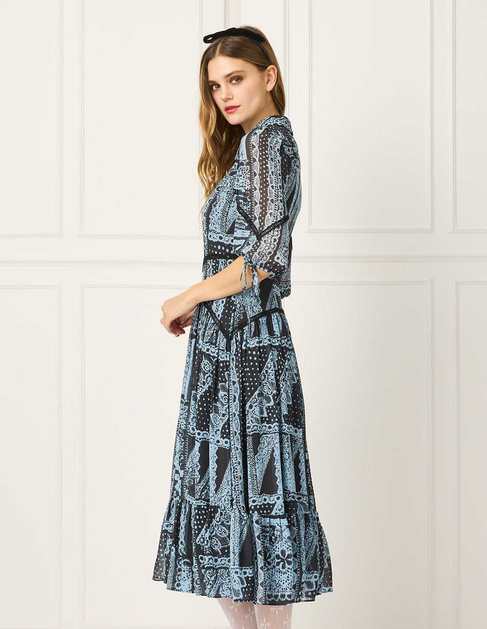 BORA AKSU Puff-Sleeve Silk Floral Print Pleated Midi Dress