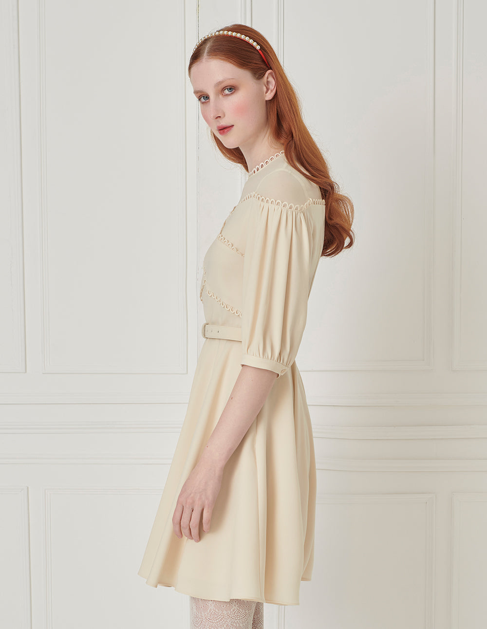 BORA AKSU Hepburn Style Acetate Patchwork Lace Trim Umbrella Dress