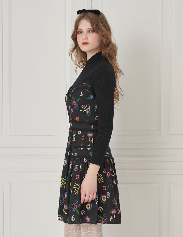 BORA AKSU Printed Stand-Collar A-Line Long-Sleeve Patchwork Knitted Midi Dress