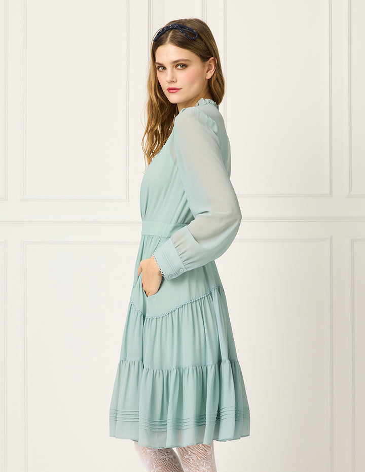 BORA AKSU Round Ruffle-Collar Lace-Trimmed Long Sleeve Pleated Midi Dress