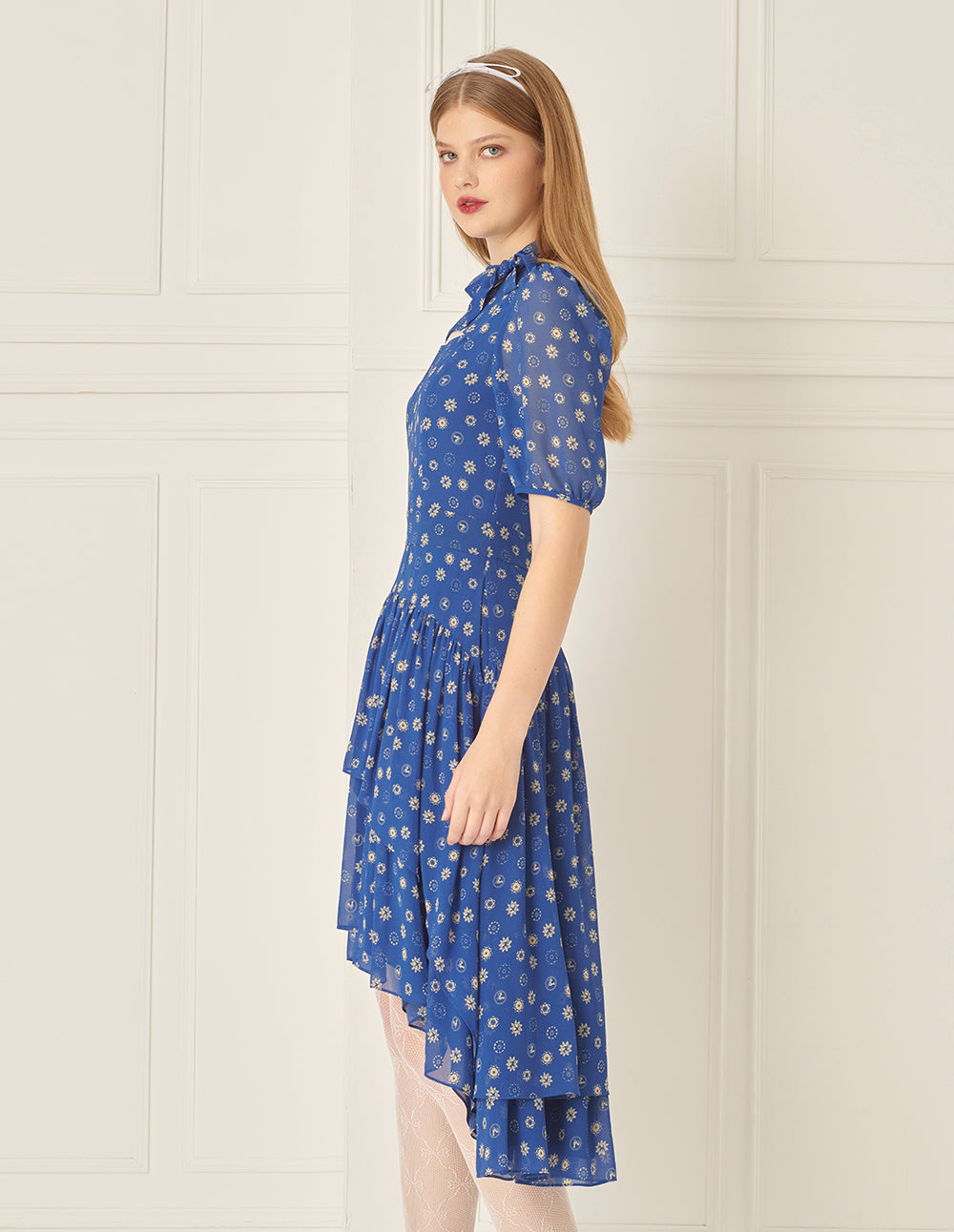 BORA AKSU French Puff Sleeve Collar Pleated Printed Dress