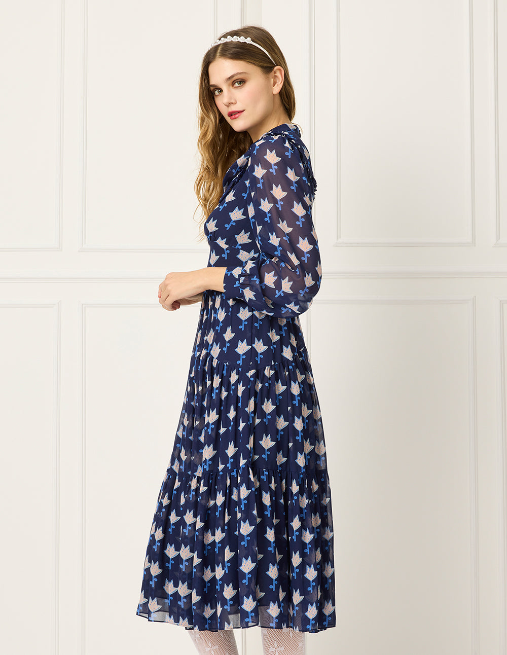 BORA AKSU Stand Collar Long Bubble Sleeve Empire-waist Floral Print Pleated Midi Dress