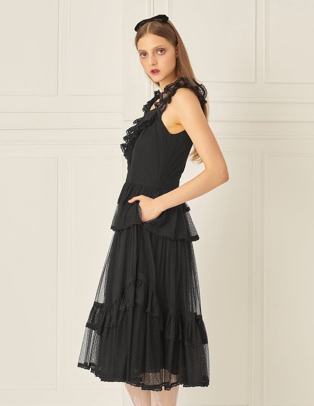 BORA AKSU Mesh Layered Ruffles Line Pleated Dress