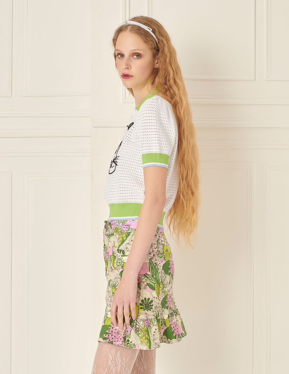 BORA AKSU Lapel Cutout Textured Cat Crochet Cropped Polo