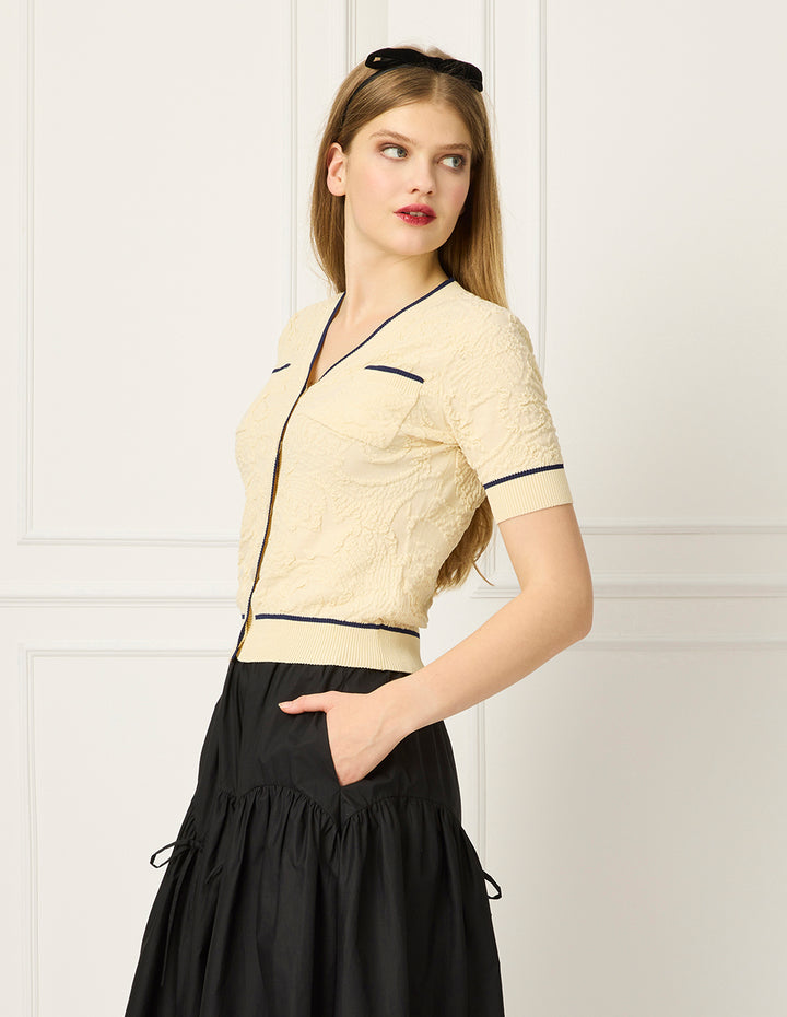 BORA AKSU V-Neck Short-Sleeve Striped-Trim Floral Embroidered Knit Cardigan