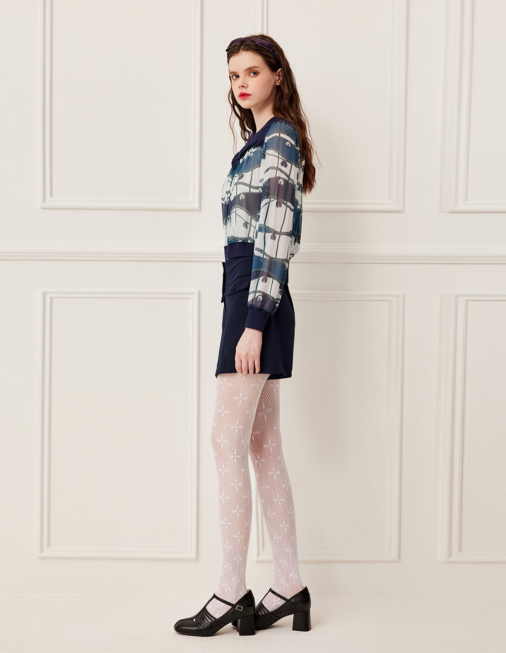 BORA AKSU Knitted Round Neck Patchwork Blue Ocean Print Long Sleeve Cropped Top