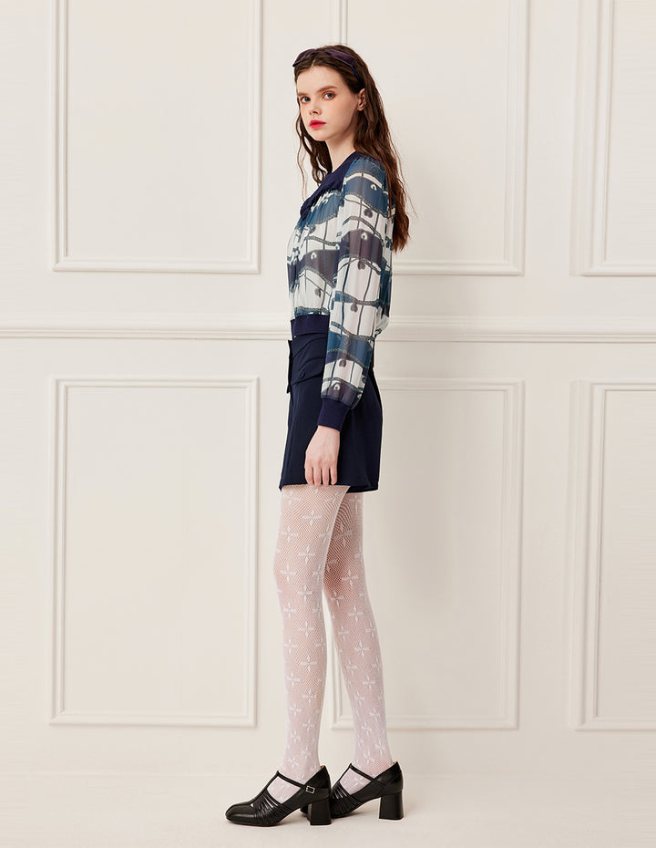 BORA AKSU Knitted Round Neck Patchwork Blue Ocean Print Long Sleeve Cropped Top