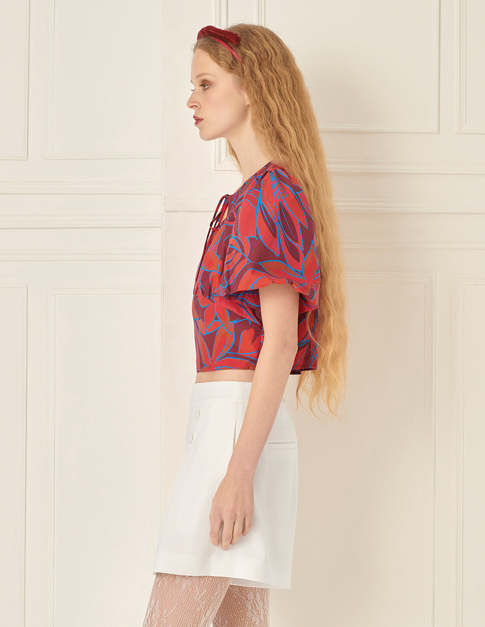 BORA AKSU Bow Tie Round Neck Lantern Sleeve Printed Top