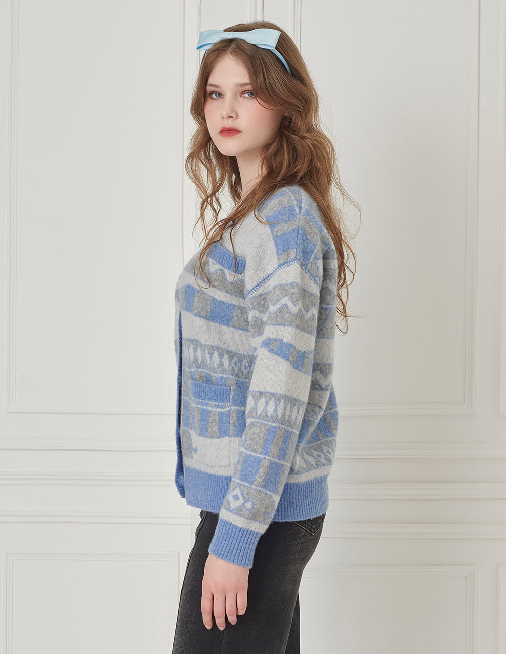 BORA AKSU V-Neck Dropped-Shoulder Long-Sleeve Striped Mid-Length Loose Knitted Cardigan