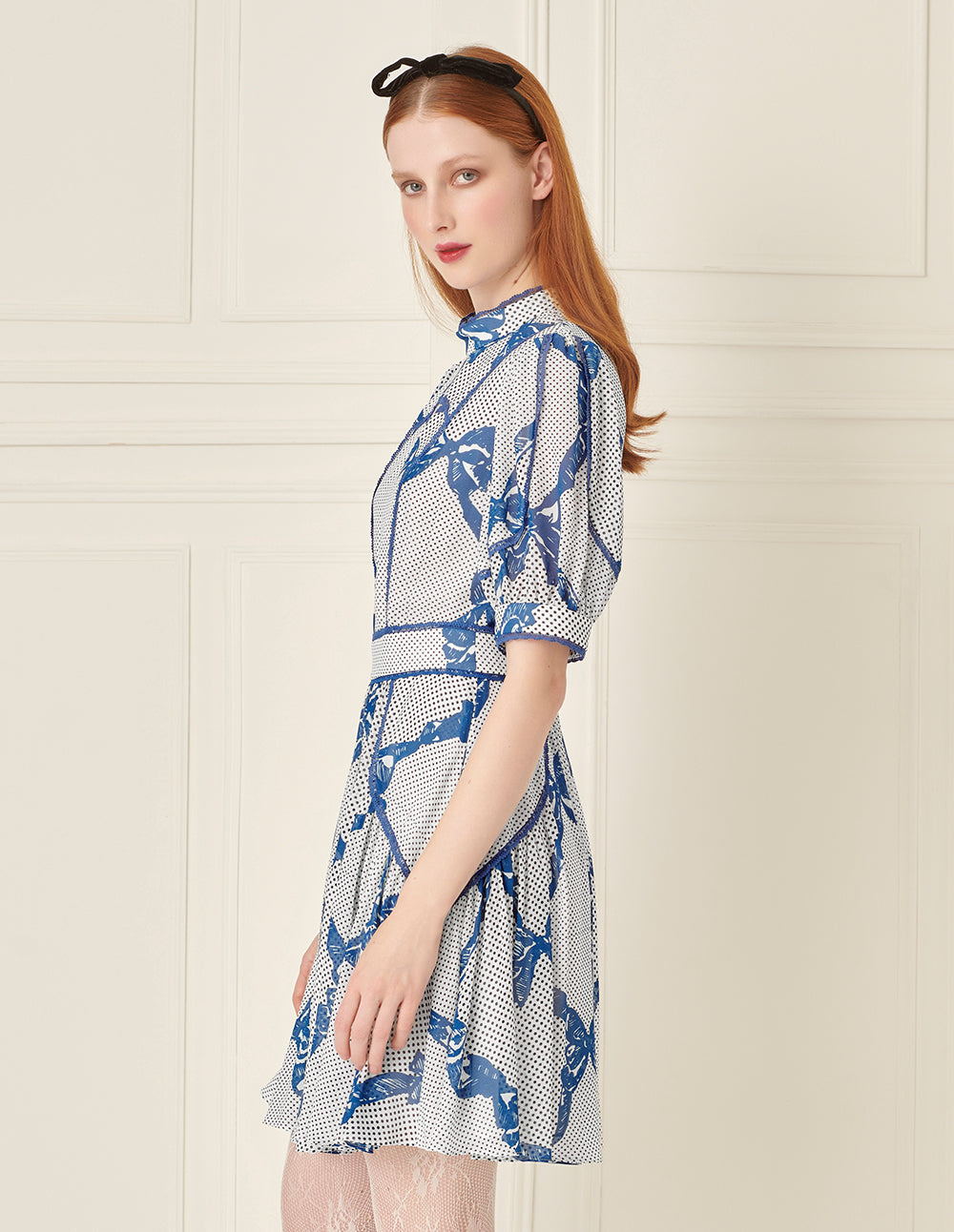 BORA AKSU French Stand Collar Puff Sleeve Bow Print Dress