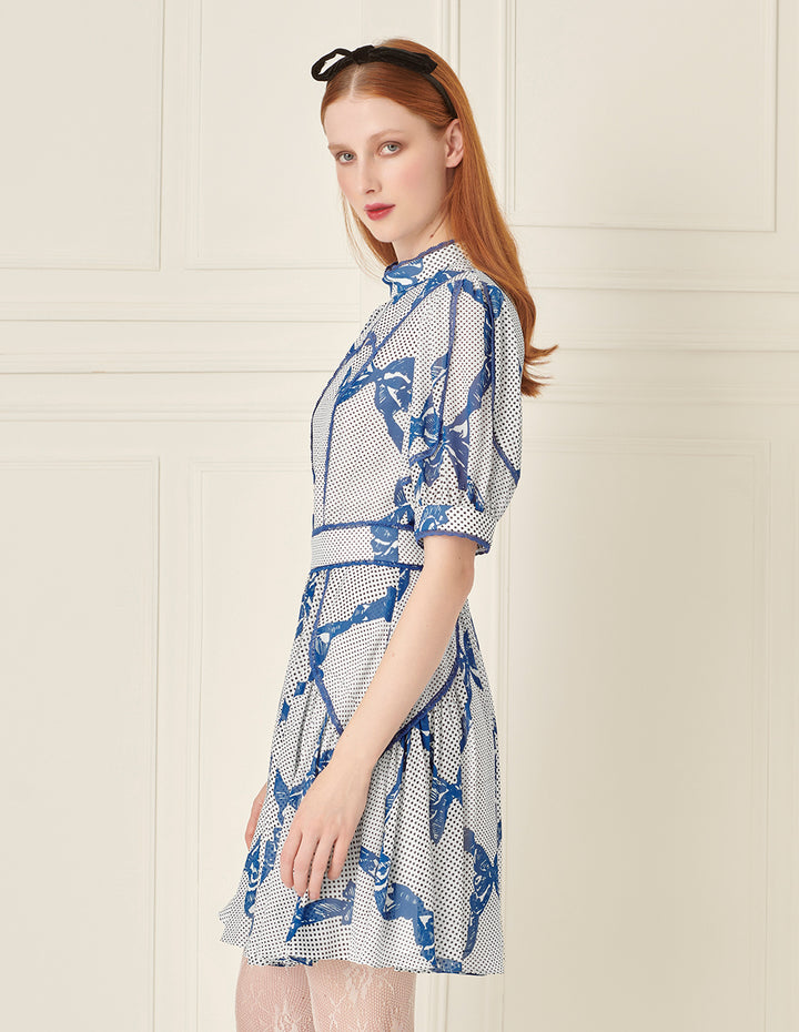 BORA AKSU French Stand Collar Puff Sleeve Bow Print Dress