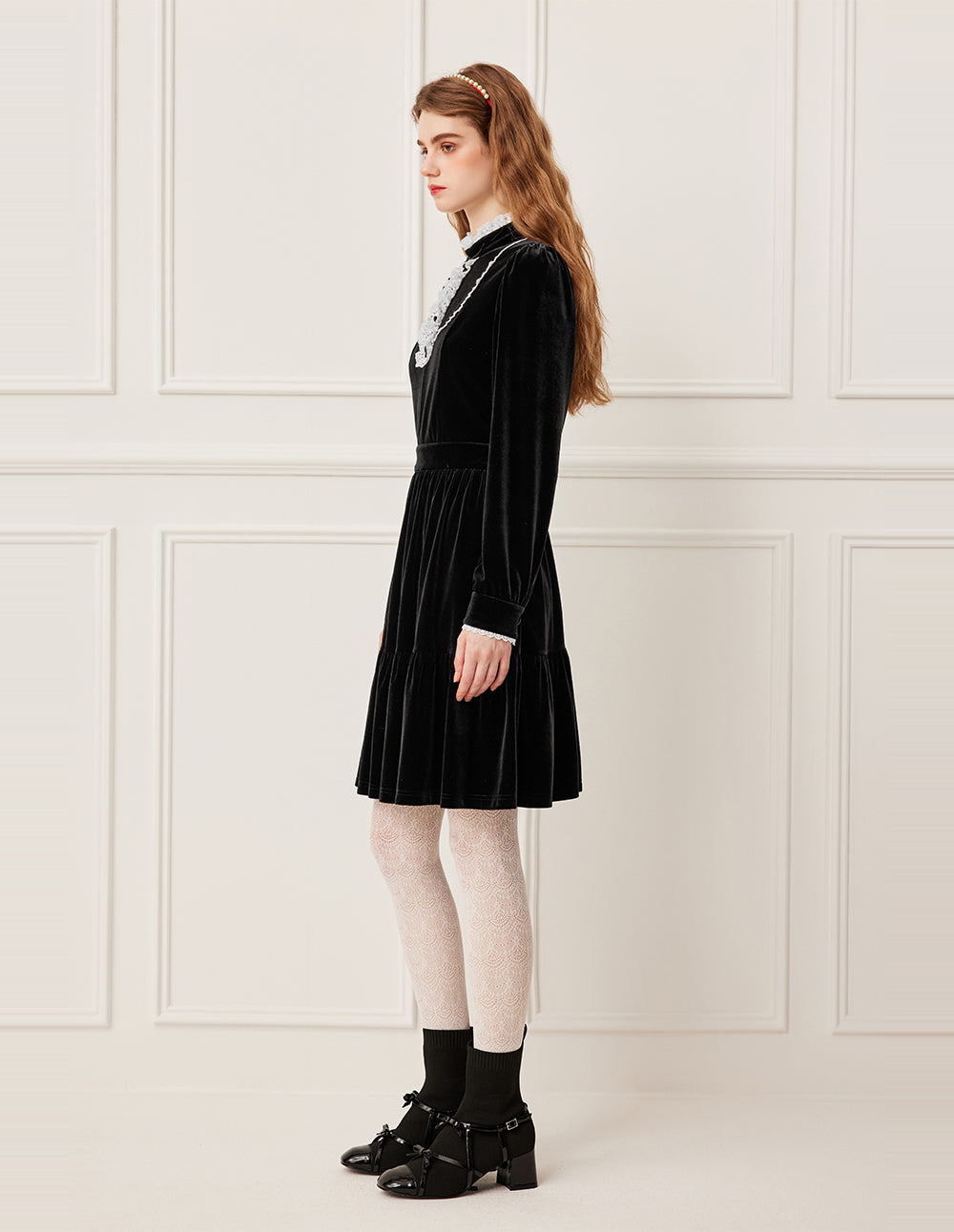 BORA AKSU Black & White Color Block Ruffle Mandarin Collar Velvet Midi Dress