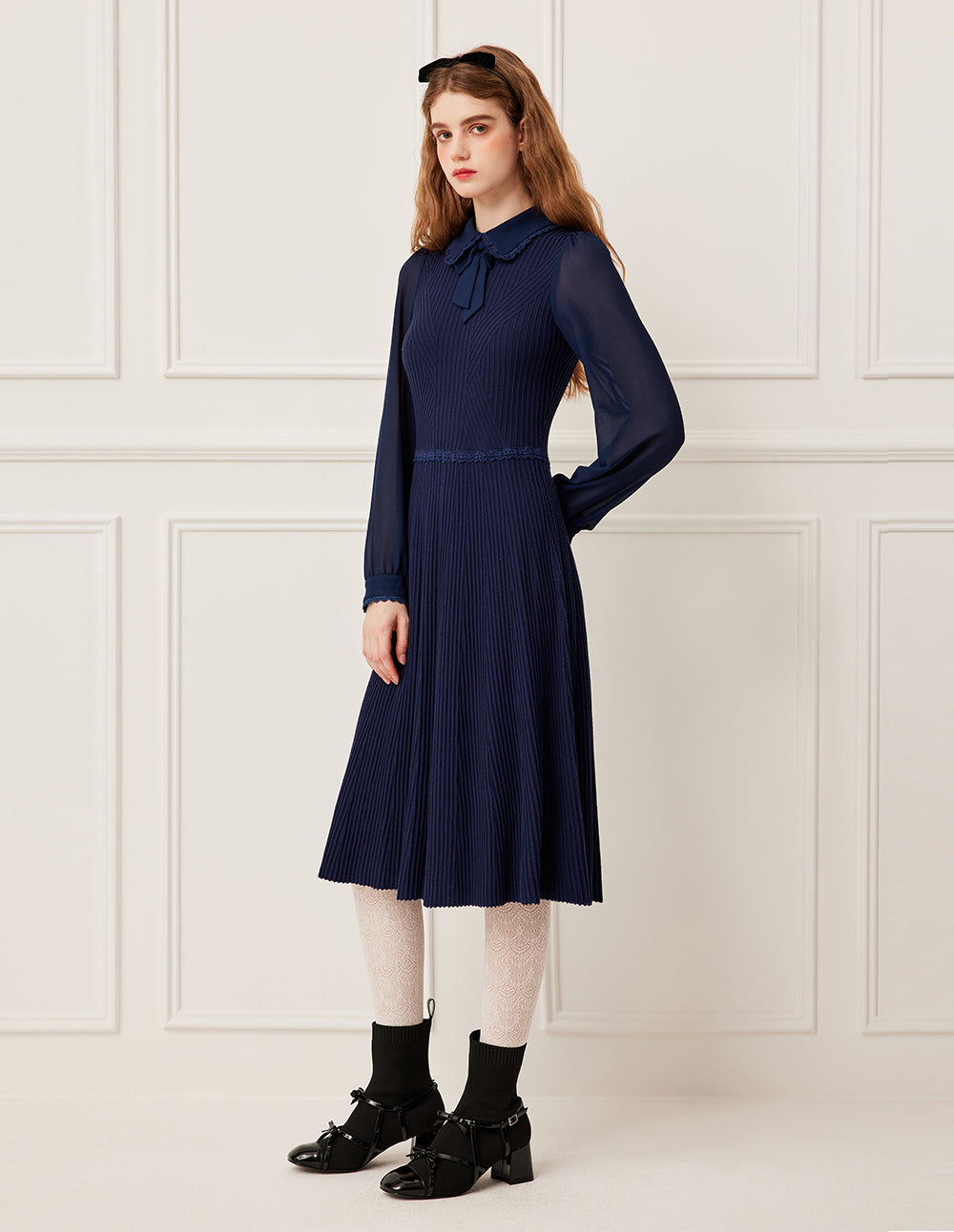 BORA AKSU Collared Patchwork Navy Blue Knit Bubble Sleeve Midi Dress