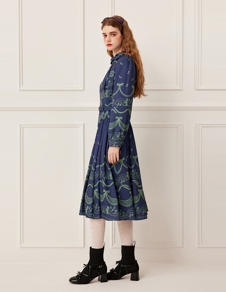 BORA AKSU Mandarin Collar Tie-Down Side Button Floral Print Puff Sleeve Pleated Midi Dress
