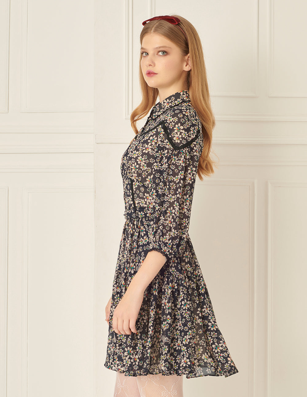 BORA AKSU Puff Sleeves And Small Lace Waist And Pleated Floral Dress