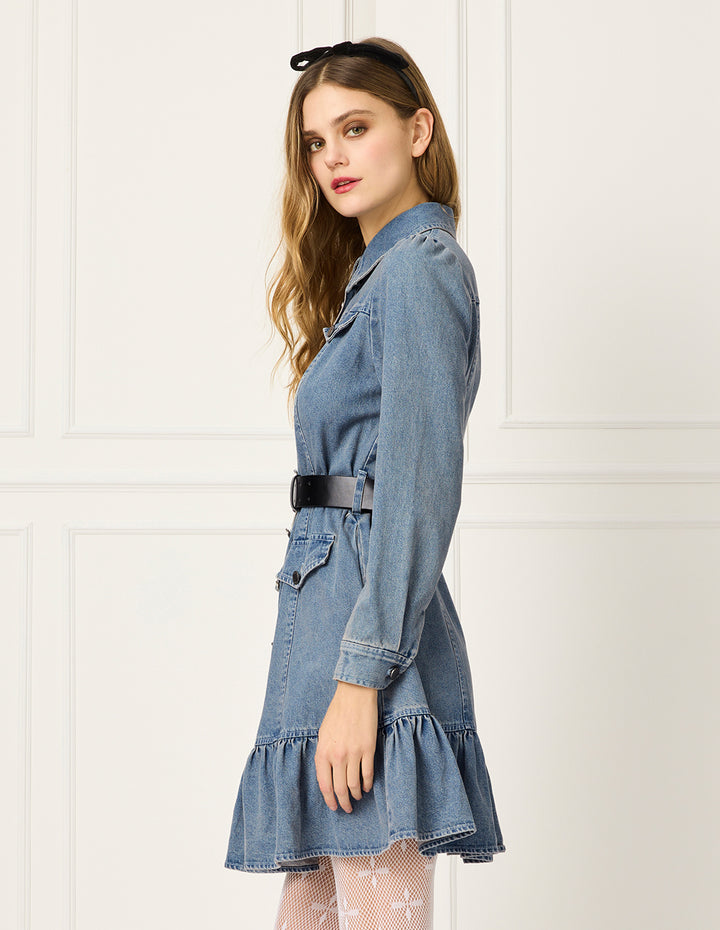 BORA AKSU Shirt Collar Bubble Sleeve Denim Trumpet Dress