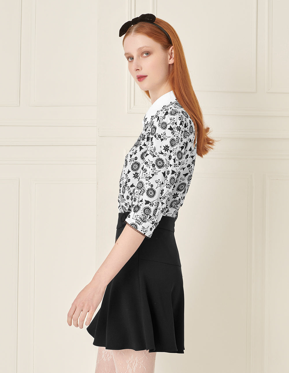 BORA AKSU Silk Puff Sleeve Retro Embroidered Collar Printed Blouse