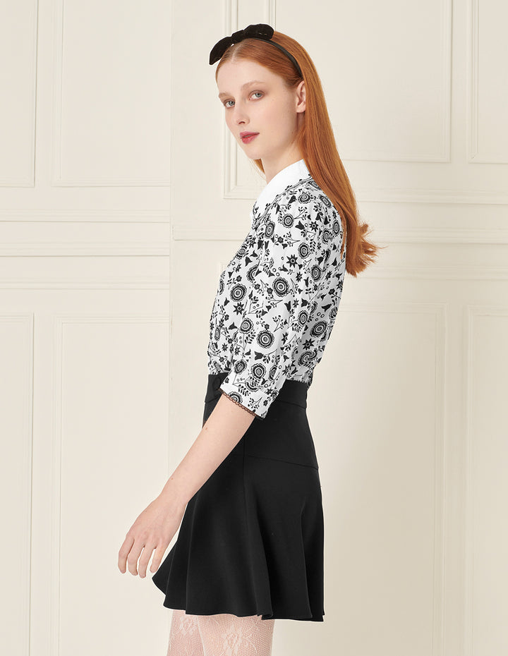 BORA AKSU Silk Puff Sleeve Retro Embroidered Collar Printed Blouse