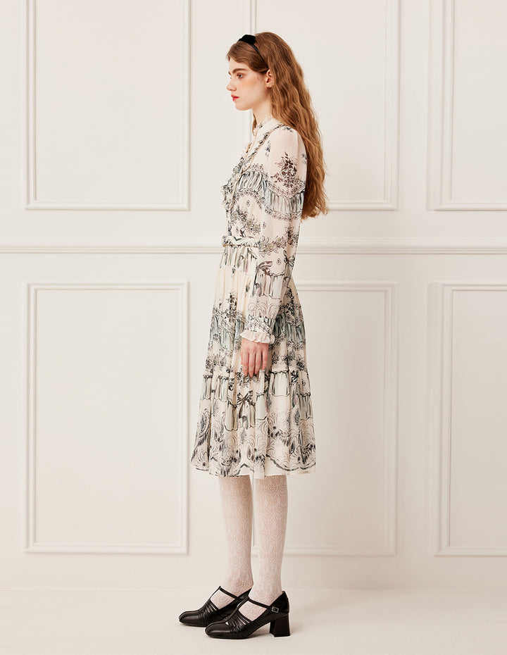 BORA AKSU Stand Collar Ruffled-Trimmed Long Sleeve Ink-Print Belted Pleated Midi Dress