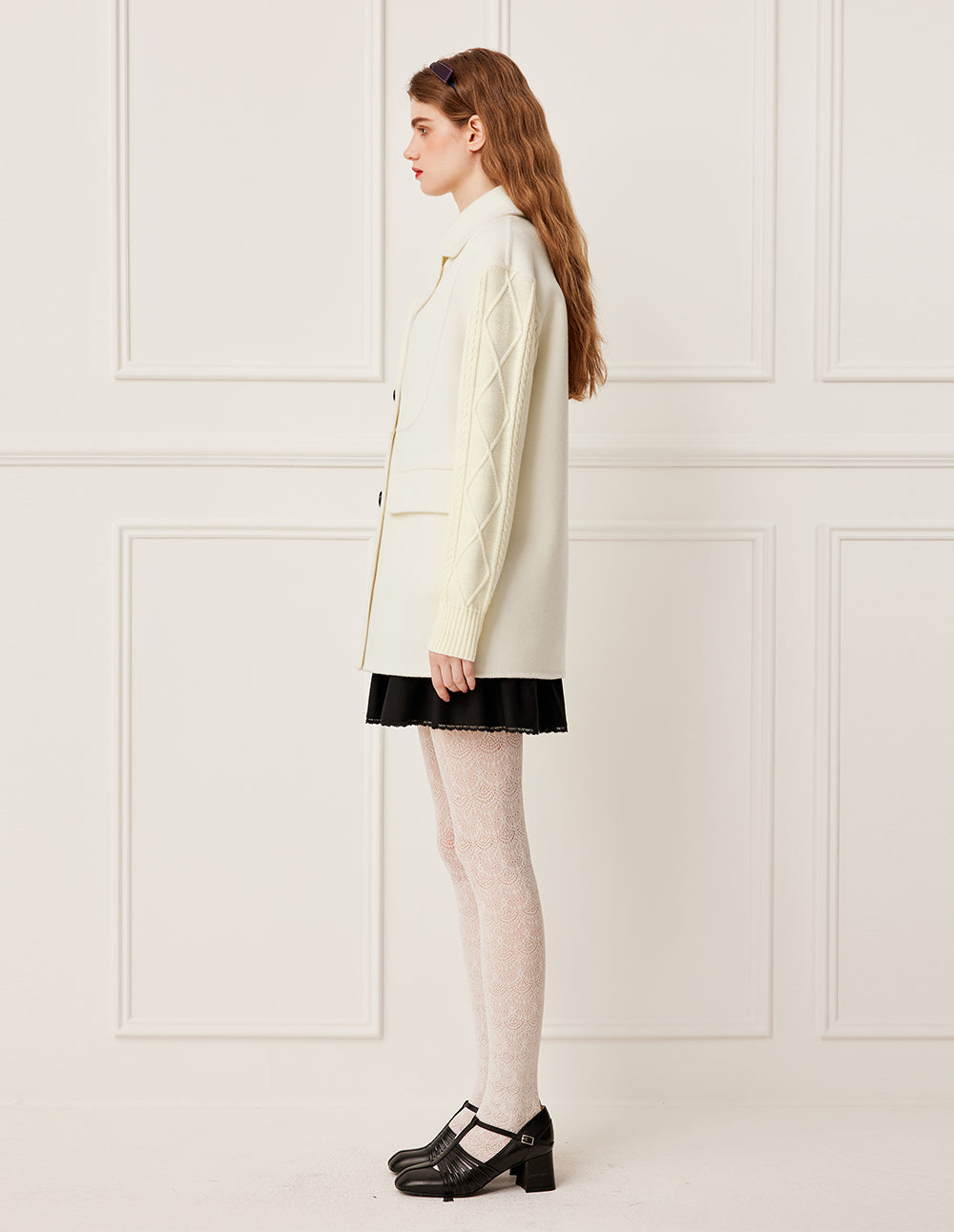 BORA AKSU Notch Lapel Double-Breasted Knit Sleeves Wool Blend Coat