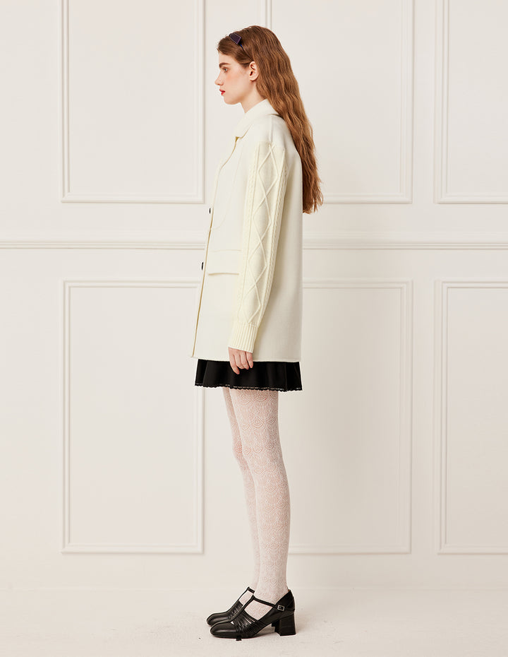 BORA AKSU Notch Lapel Double-Breasted Knit Sleeves Wool Blend Coat