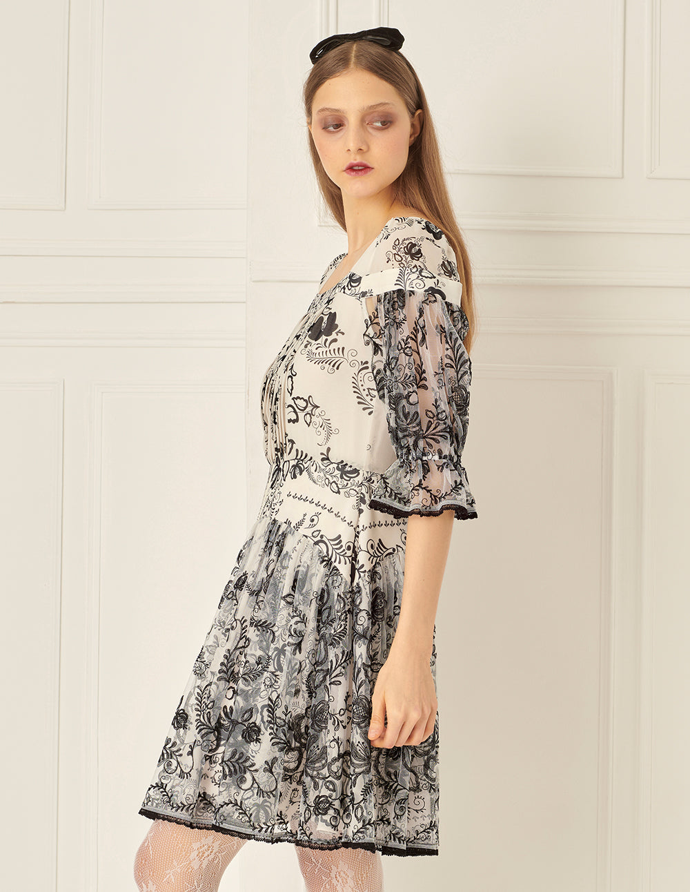 BORA AKSU Puff Sleeve Embroidered Mesh Print Dress